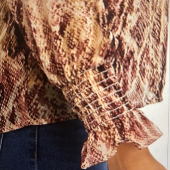 ❤️NWT Anne Klein Brown Snake Print V-Neck Blouse Smocked Sheer Sleeves - Picture 4 of 7